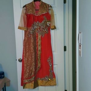 Dress Anaekali Gown  red pink soft net velvet w embroidery salwar kameez large